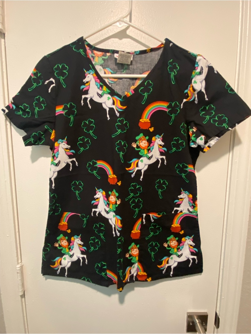 Black Shamrock & Rainbow Unicorn Scrub Top